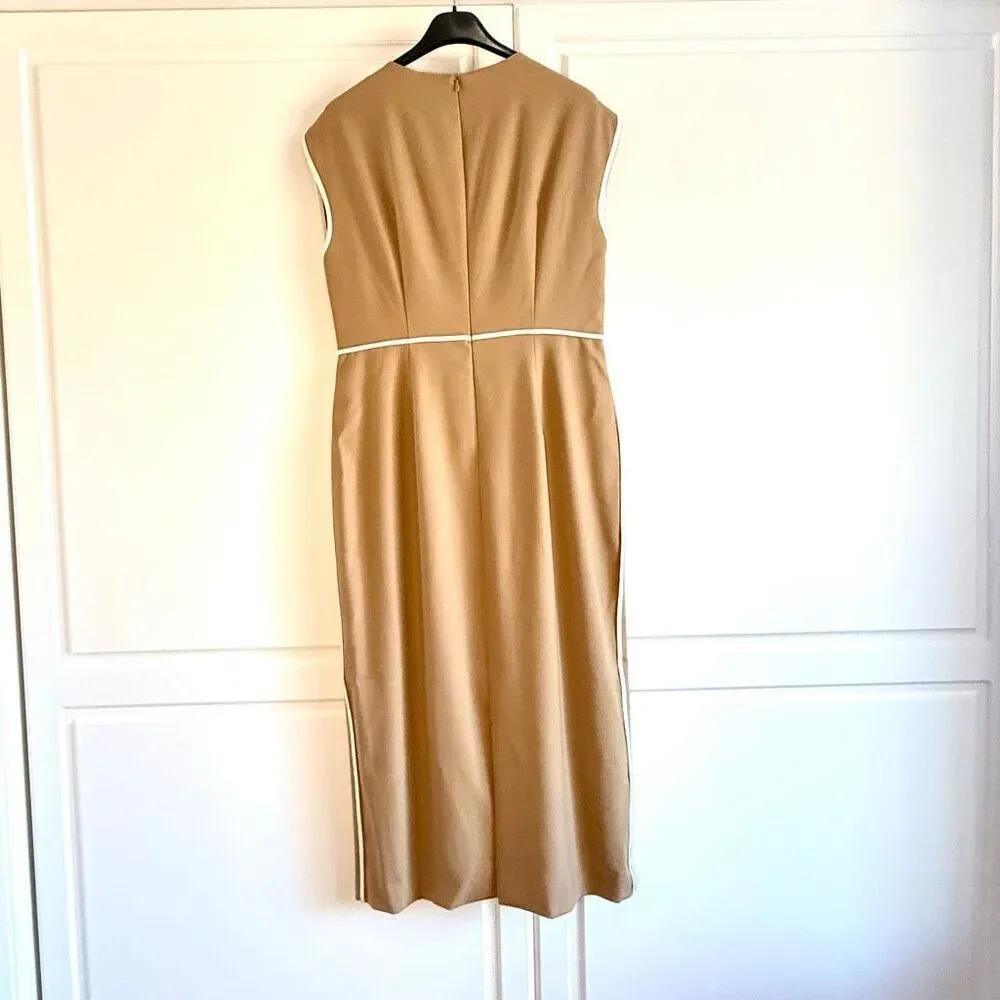 NWT BOSS “Détira” wool blend midi sheath dress in beige and cream Size 10